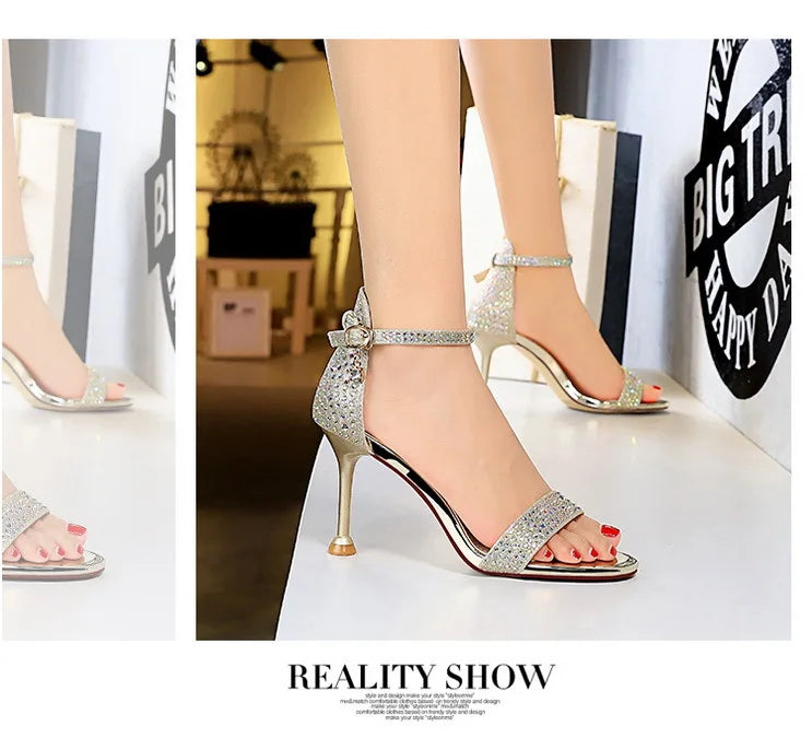 BIGTREE Shoes Rhinestone High Heels Women Pumps Sexy Kitten Heels Party Shoes Open Toe Women Sandals Heel Stiletto Wedding Shoes