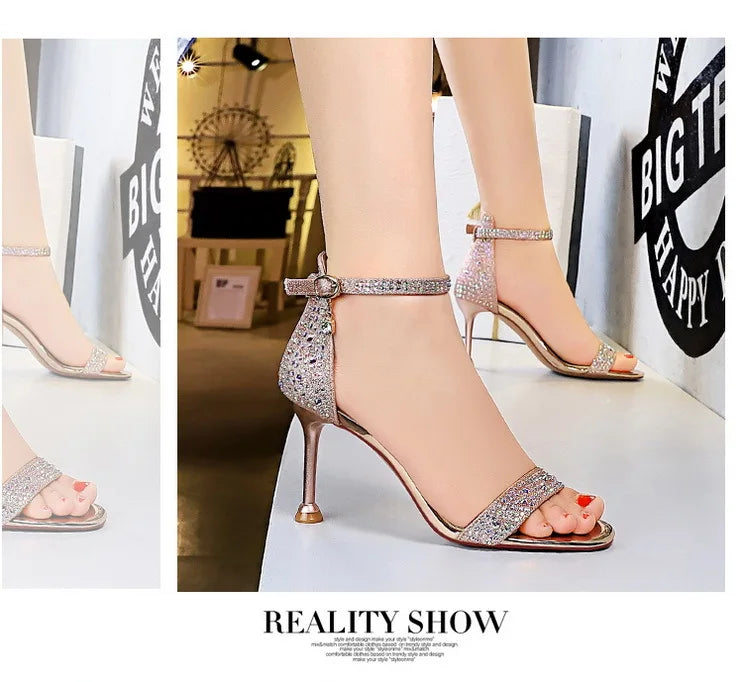 BIGTREE Shoes Rhinestone High Heels Women Pumps Sexy Kitten Heels Party Shoes Open Toe Women Sandals Heel Stiletto Wedding Shoes