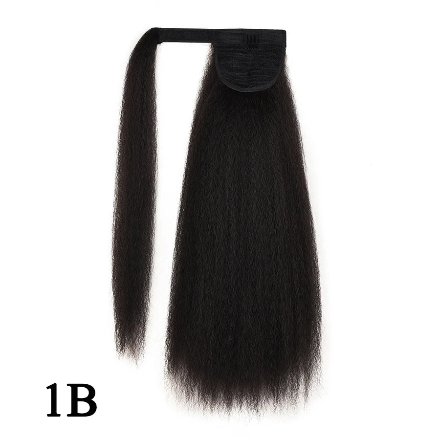 22 Inches Black Kinky Straight Ponytail Extension Synthetic Drawstring Ponytail For Black Women Yaki Pony Tails Hair Extensions