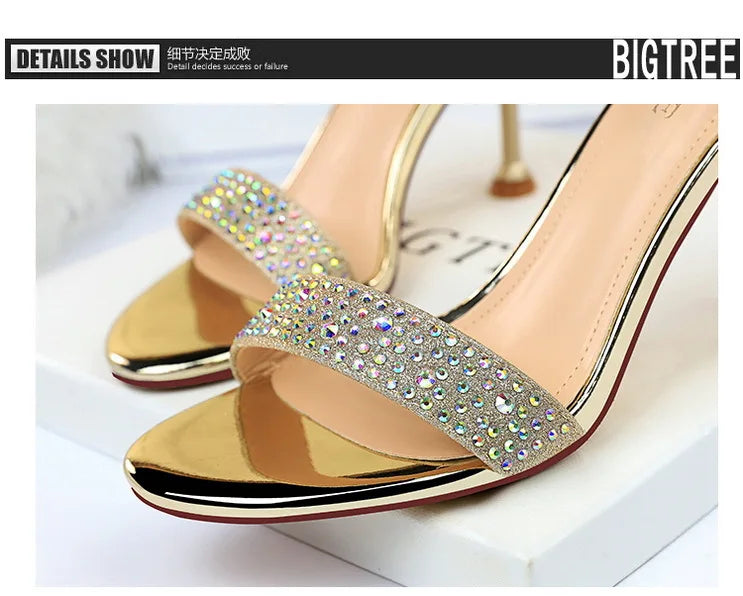 BIGTREE Shoes Rhinestone High Heels Women Pumps Sexy Kitten Heels Party Shoes Open Toe Women Sandals Heel Stiletto Wedding Shoes