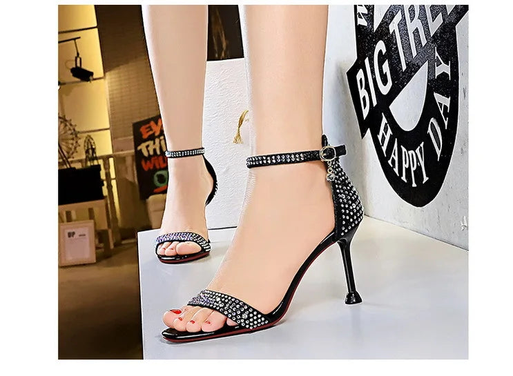 BIGTREE Shoes Rhinestone High Heels Women Pumps Sexy Kitten Heels Party Shoes Open Toe Women Sandals Heel Stiletto Wedding Shoes