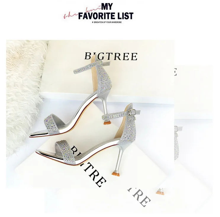 BIGTREE Shoes Rhinestone High Heels Women Pumps Sexy Kitten Heels Party Shoes Open Toe Women Sandals Heel Stiletto Wedding Shoes