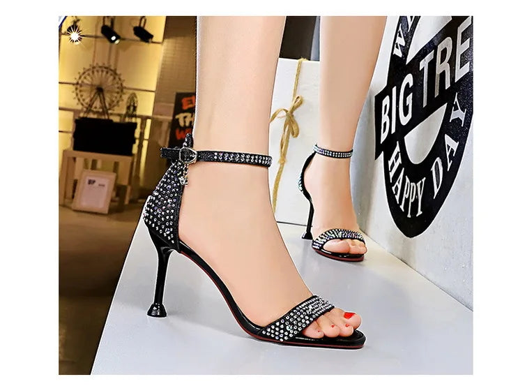 BIGTREE Shoes Rhinestone High Heels Women Pumps Sexy Kitten Heels Party Shoes Open Toe Women Sandals Heel Stiletto Wedding Shoes
