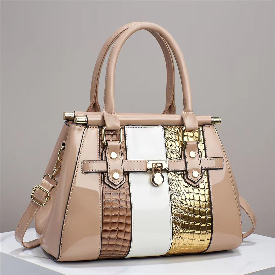 Vertical Stitching Bright Leather Lizard Pattern Large Capacity Shoulder Bag