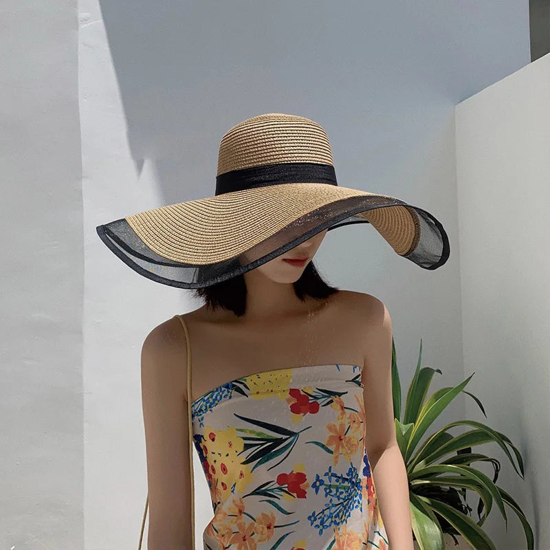 Women Sun Hat Big Eaves Waves Beach Cap Ladies Hat Big Brim Sun Visors UV Cut Bucket Panama Cap Foldable Straw Sunscreen Vintage