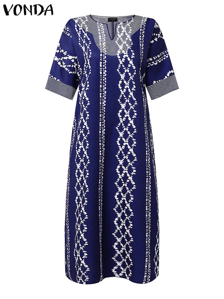 2025 VONDA Printed Maxi Dresses Vintage Women Bohemian Vestidos Casual 3/4 Sleeve Sundress Oversize Simple Elegant Long Robe