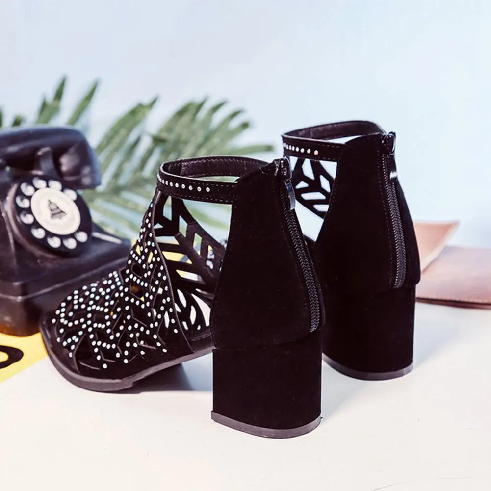 2022 New Style Women Summer Hollow Out Faux Leather Rhinestones Thick Heel Zipper Sandals Shoes Eur 35-41