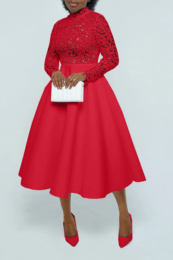 Women Long Dress A Line Dresses Lace Floral Party Night Wedding Mock Neck White Prom Hight Waist Slim Elegant Maxi Vestidos