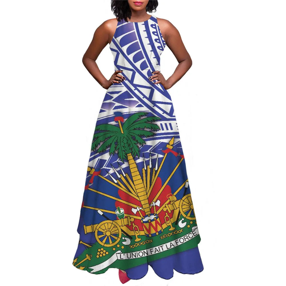 Haiti Flag Print Luxury Designer Women Summer Spring Maxi Dress Ladies Sexy Sundress Casual Sleeveless Long Woman Dresses Mujer