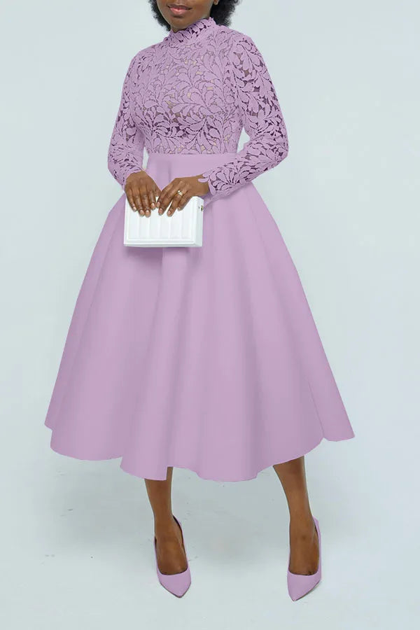 Women Long Dress A Line Dresses Lace Floral Party Night Wedding Mock Neck White Prom Hight Waist Slim Elegant Maxi Vestidos