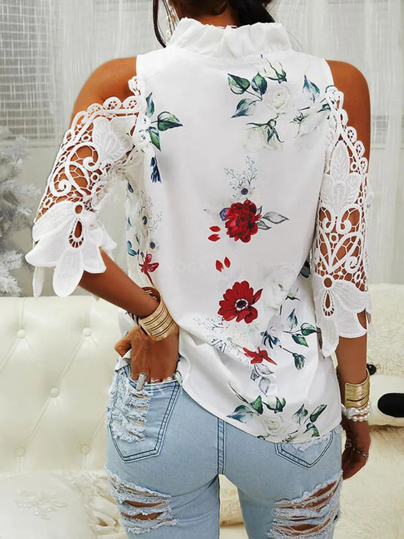 Summer Female Strapless Tops Casual Sexy Hollow Flower Printed Women Blouse Elegant V-Neck Short Sleeve Lace Shirt Blusas 19361