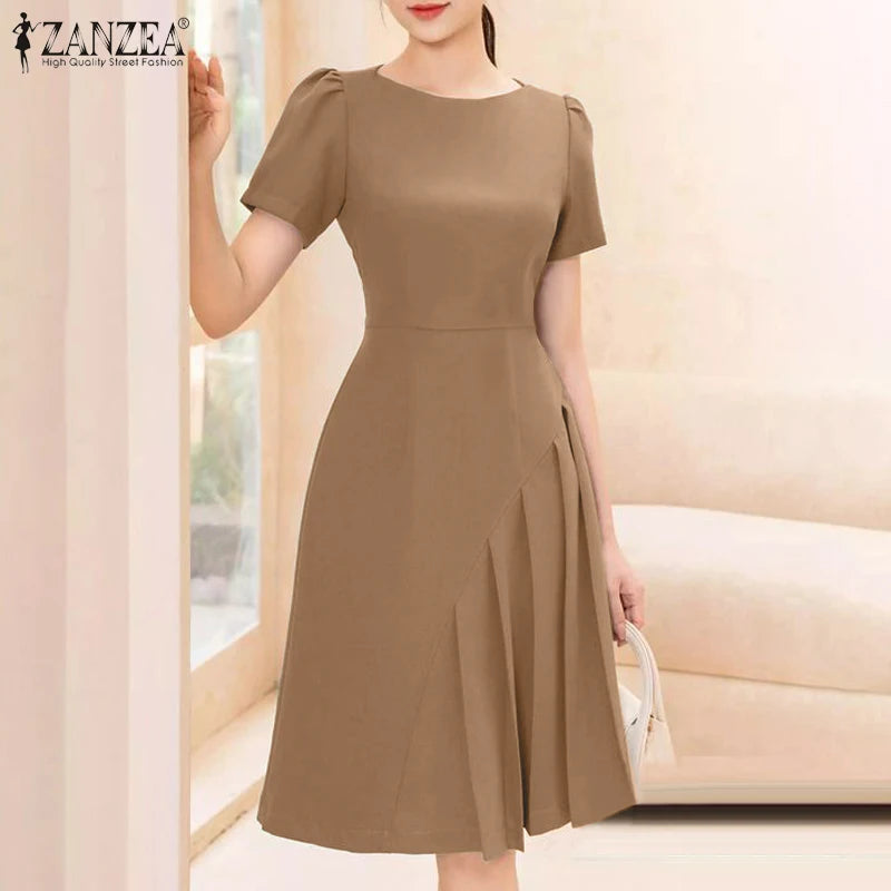 Elegant Pleated Dress ZANZEA Summer O Neck Short Sleeve Sundress Women Stylish Casual Work Party Vestidos Solid Knee Length Robe