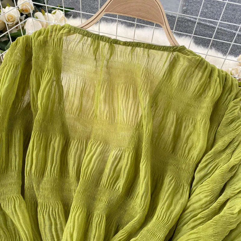 Women Sexy Chiffon Short Blouse Female See Through Super Long Sleeve Blusas Purple/Green/Black/White Folds Party Tops 2022 New