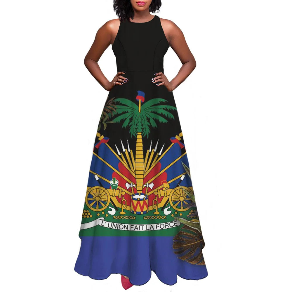 Haiti Flag Print Luxury Designer Women Summer Spring Maxi Dress Ladies Sexy Sundress Casual Sleeveless Long Woman Dresses Mujer