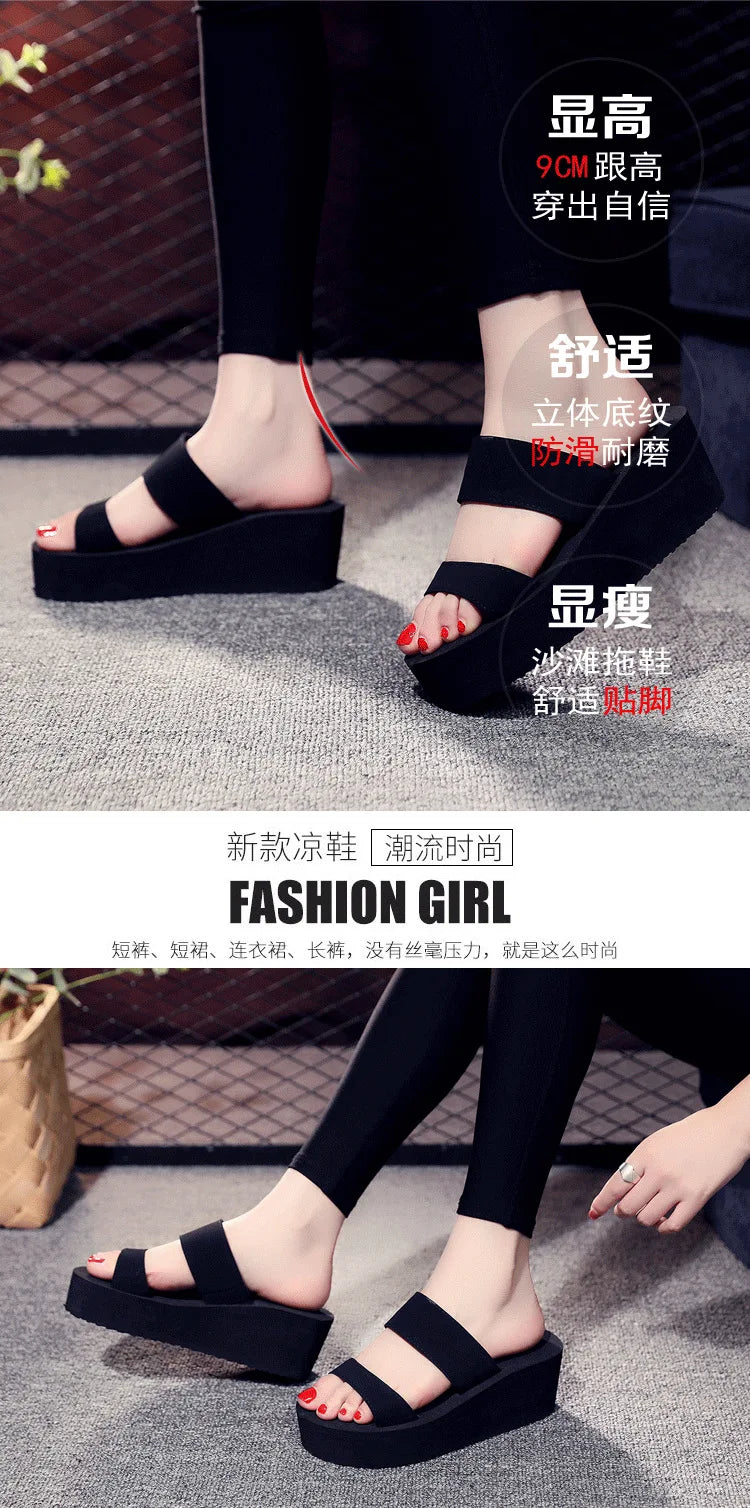 9cm Heel Platform Slippers Women's Sandals Soft EVA Black color Ladies Fashion Slides Thick Sole Summer Shoes Woman Flip Flops