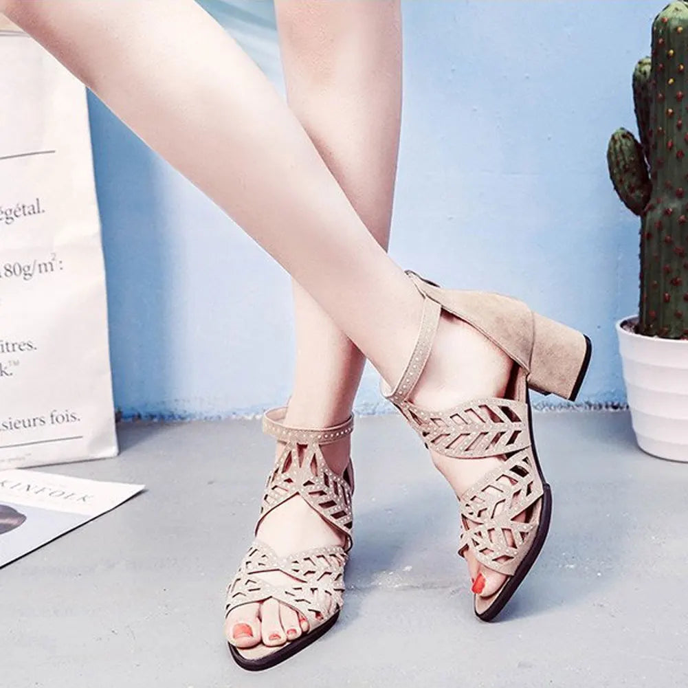 2022 New Style Women Summer Hollow Out Faux Leather Rhinestones Thick Heel Zipper Sandals Shoes Eur 35-41