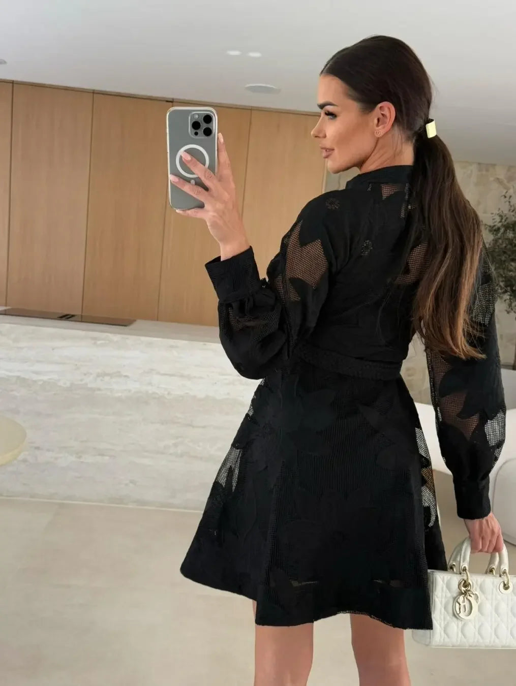 Fashionable Ins Embroidered Lace Dress Cross-Border Independent Station Floral Midi Skirt Polyester Fiber Full Sleeve