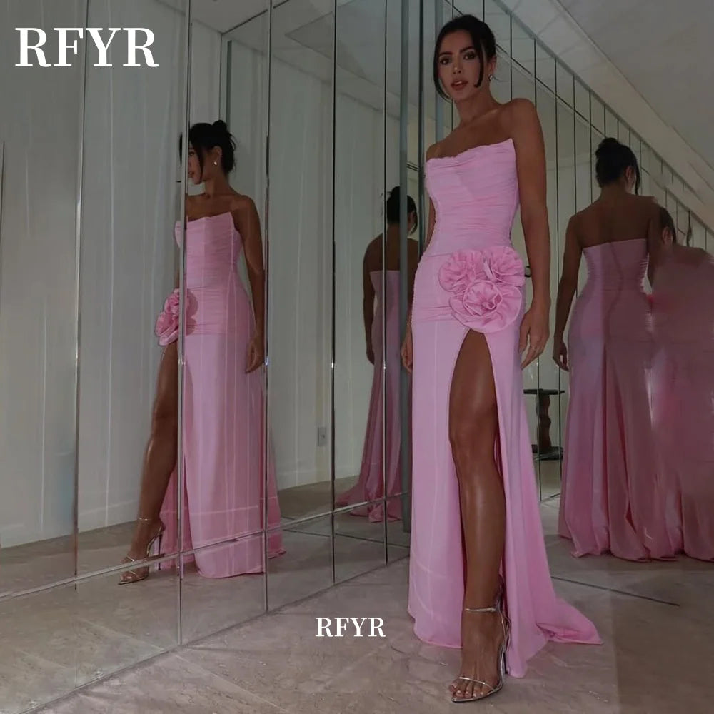 RFYR Chiffon Prom Dress Strapless Party Dress 3D Flowers Evening Dress Pleats Formal Party Dress with Slit Vestidos De Noche