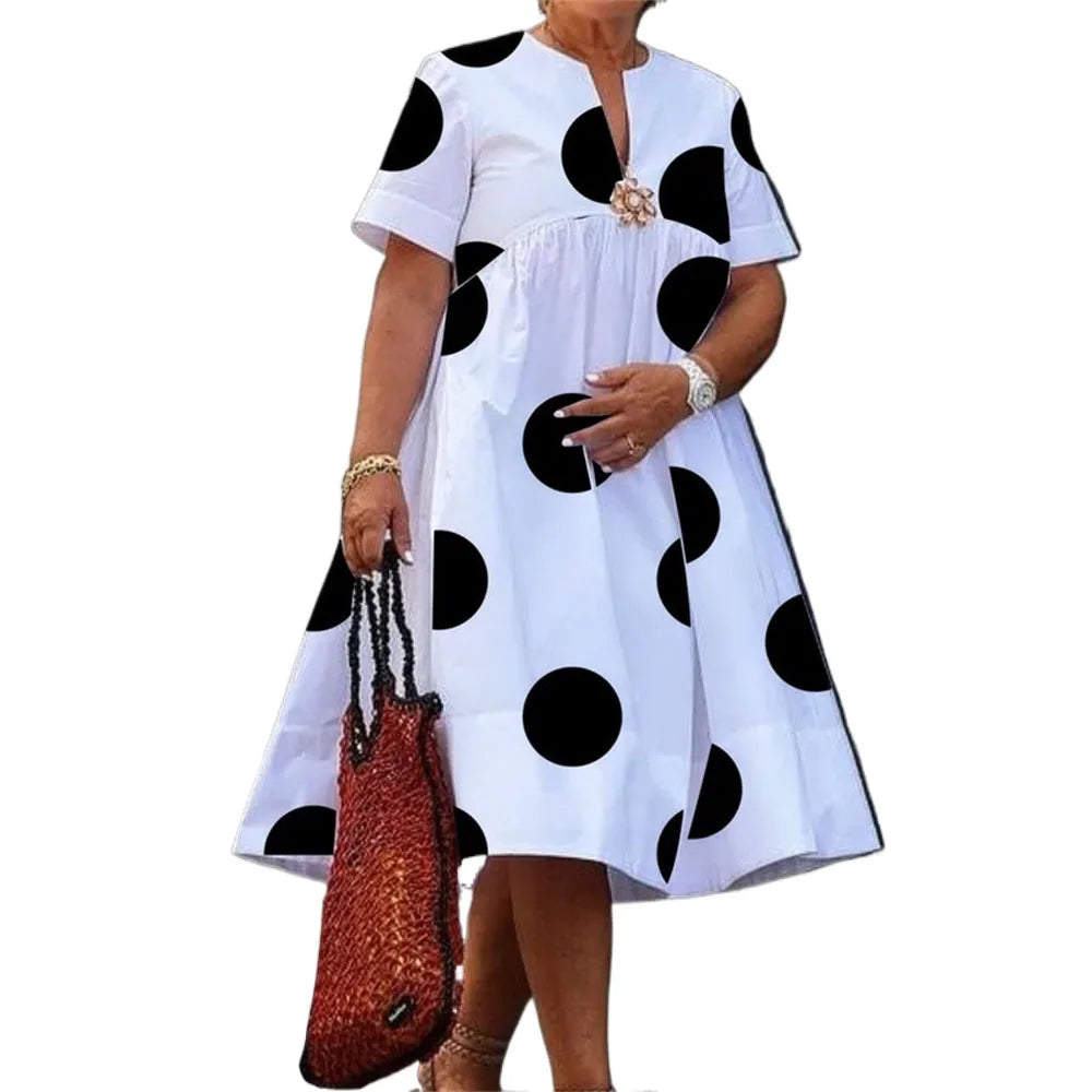 Modigirl Women Midi Shirts Dress 2025 Summer Short Sleeves Black and White Polka Dot Daily Casual Simple Female A-line Dresses