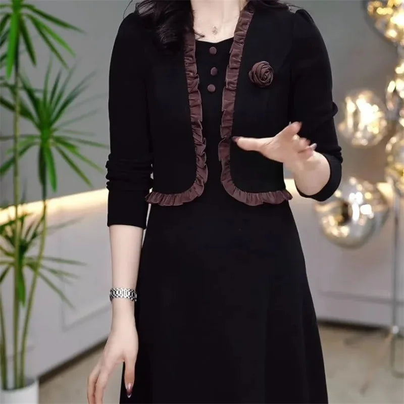 Autumn Winter Add Velvet Long Dress Women Fake Two Pieces Long Sleeve Dress High End Elegant Mother Wedding Party Dress Vestidos