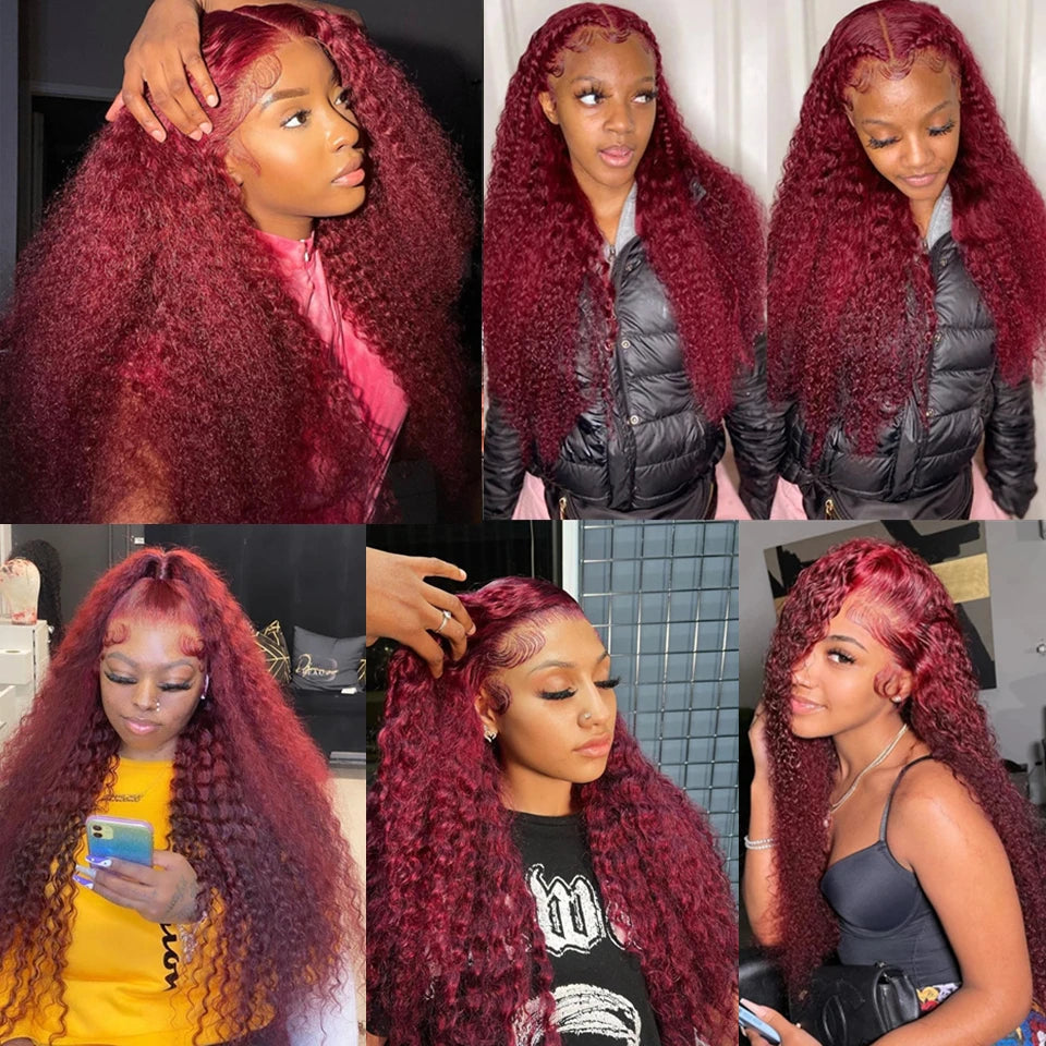 Burgundy Curly 13x6 Hd Lace Frontal Wig Human Hair 100% Brazilian 13x4 Water Deep Wave 99J Red Colored Wig For Women 30 40 Inch