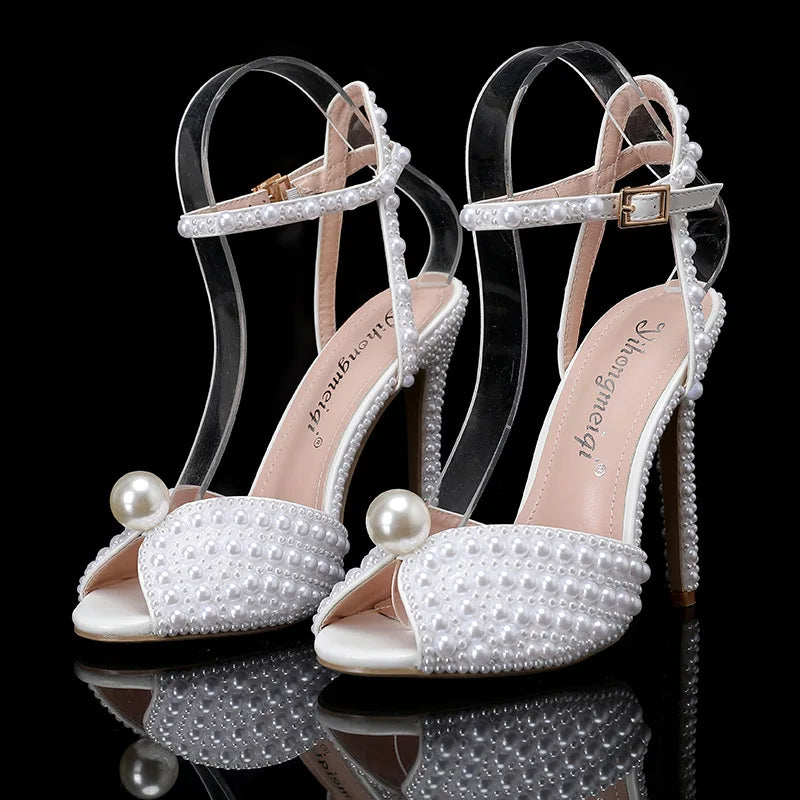 2024 Autumn New Fish Mouth High Heels Slim Heels Shallow Mouth Water Diamond Pearl Women's Single Shoes Wedding Wedding Shoes