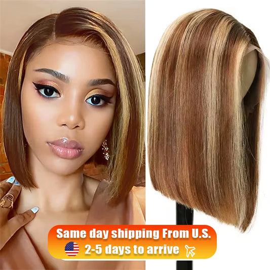 200% 16 Inch Highlight Short Bob Wigs 13X6 Straight Hd Lace Front Ombre Brown Frontal Glueless Bob Wig Human Hair Ready to Wear