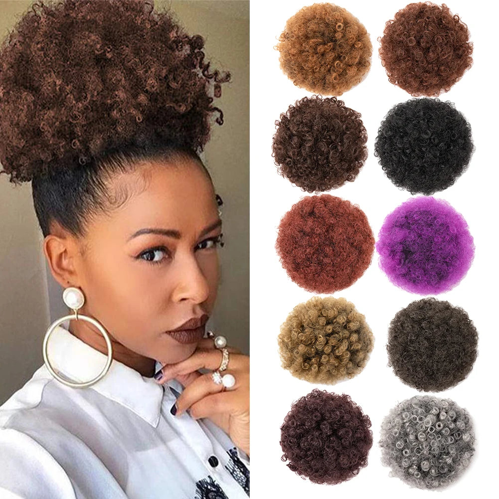Afro Puff Drawstring Ponytail Extension for Black Women, Black Short Synthetic Afro Puff Ponytail for Natural Hair, Clip On Kink