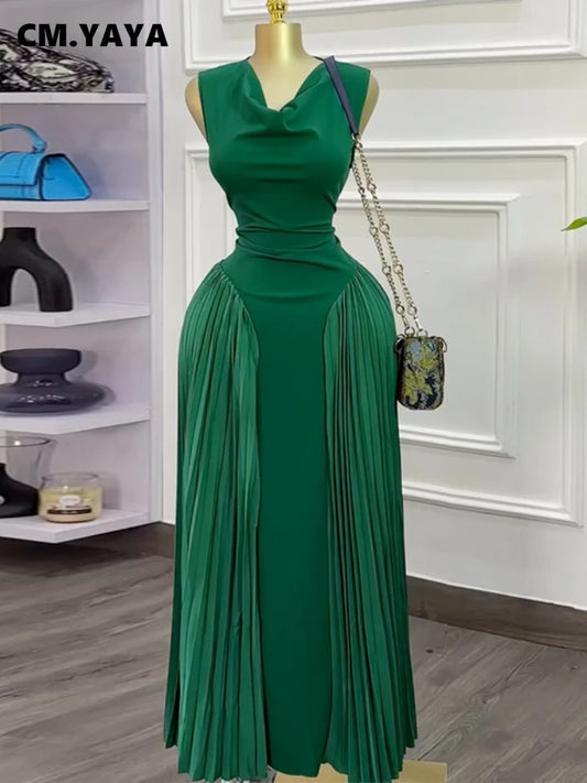 CM.YAYA 2025 Summer Elegant Sleeveless Sweet V-Neck Floor-Length Long Women Dress Beach Party Evening Sexy Pleated Dresses
