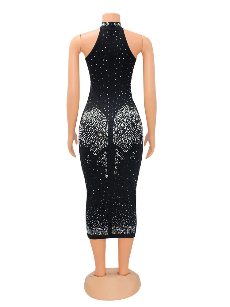 Women Sexy Halter Sleeveless Rhinestone Decor Bodycon Dress Back Zipper Slim Night Club Dresses Vestido