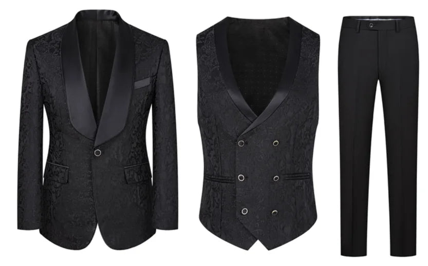 Men High Quality Wedding Jacquard Suits Fashion Male Business Social Dance Party Dress Blazers and Pant with Vest