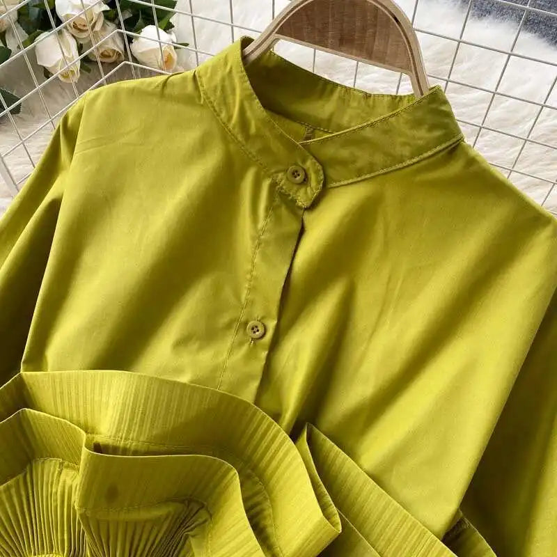 XFPV Women Puff Sleeve Pleated Ruffle Solid Casual Blouse Patchwork Y2k Top Slim Waist Shirt Sweet Summer Spring 2025 SM2983