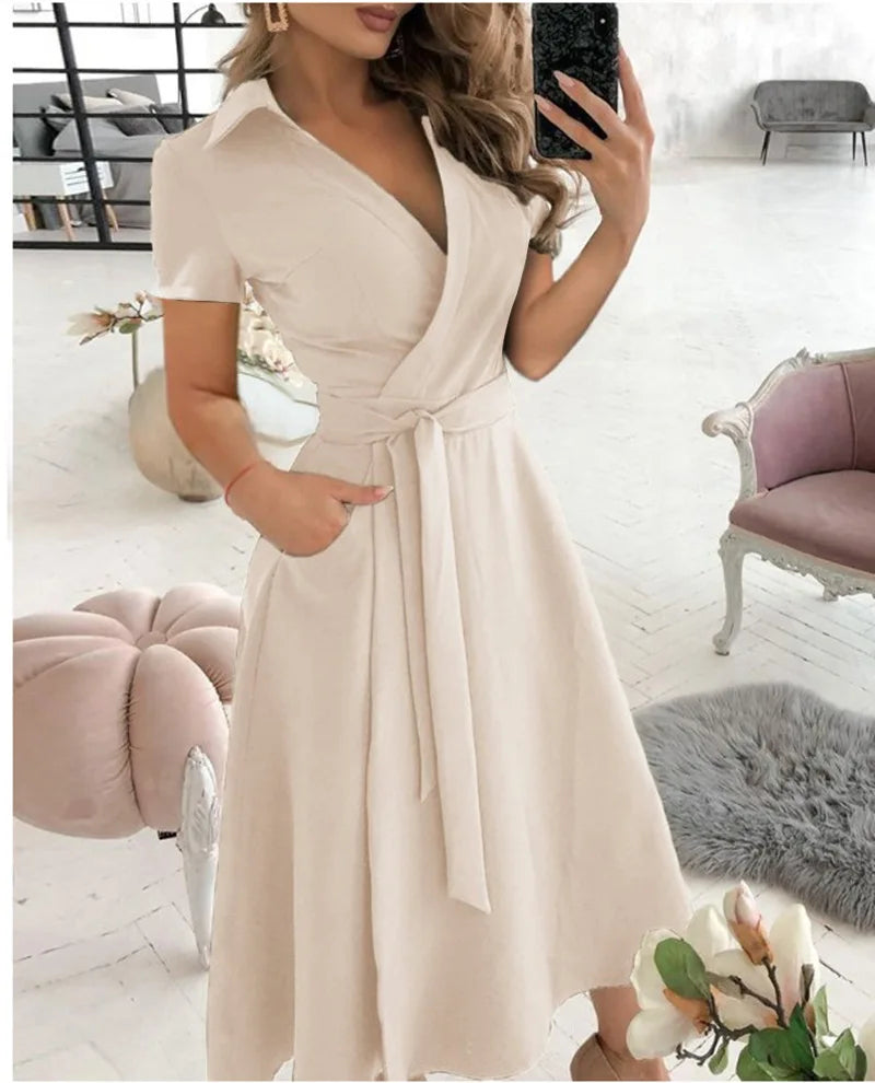 2023 Spring Autumn Dress Women Fashion Solid Slim Pocket Lace Up Dress Women Casual Printed Short Sleeve V-neck High Waist Dress