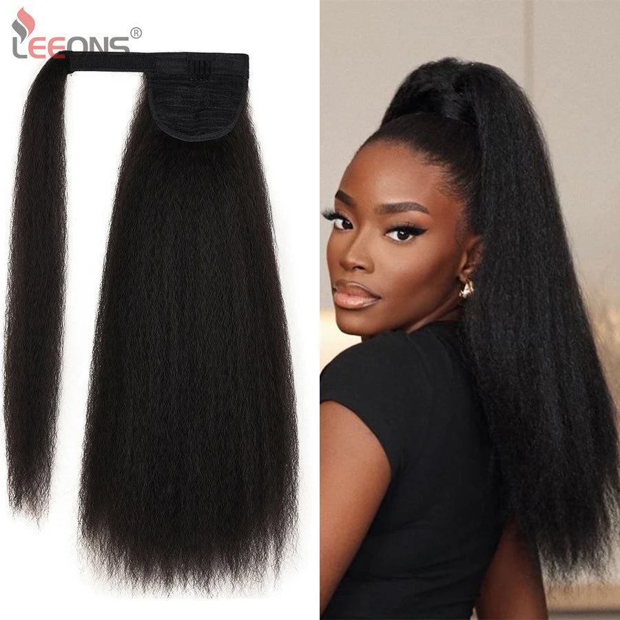22 Inches Black Kinky Straight Ponytail Extension Synthetic Drawstring Ponytail For Black Women Yaki Pony Tails Hair Extensions