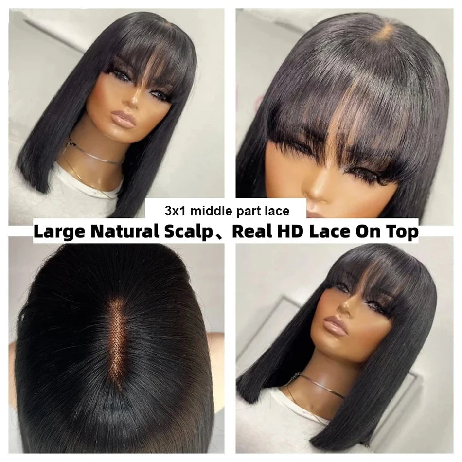 Wiggogo 3X1 Middle Part Lace Wig Bob Wigs Full Machine Made Bone Straight Human Hair Wigs With Bangs Short Bob Human Hair Wigs