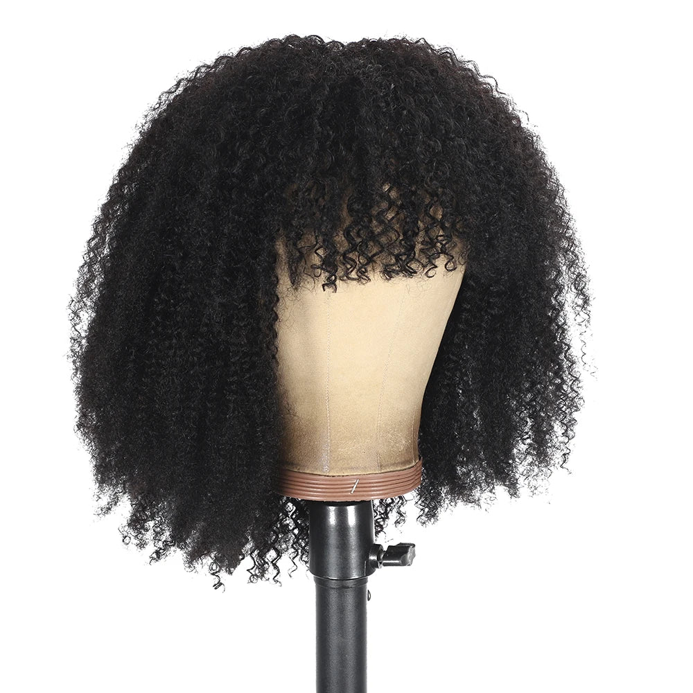 180 250 Density Afro Kinky Curly Human Hair Wigs With Bang For Black Women Brazilian 100% Human Hair Remy Full Machine Made Hair