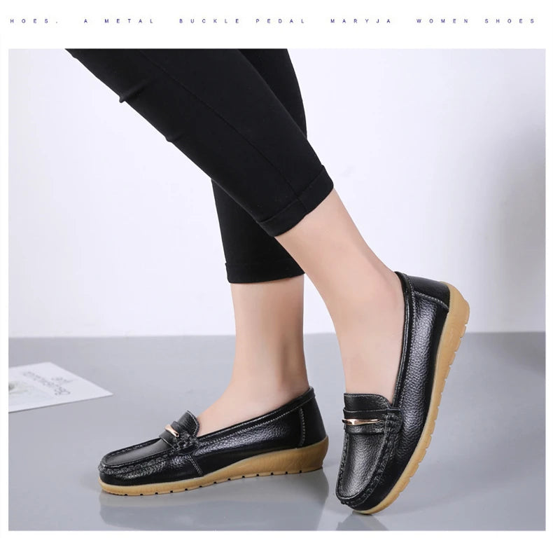 WOIZGIC Women's Mother Ladies Woman Female Genuine Leather Shoes Flats Loafers Platform Bling Slip On Moccasins Plus Size 43 44