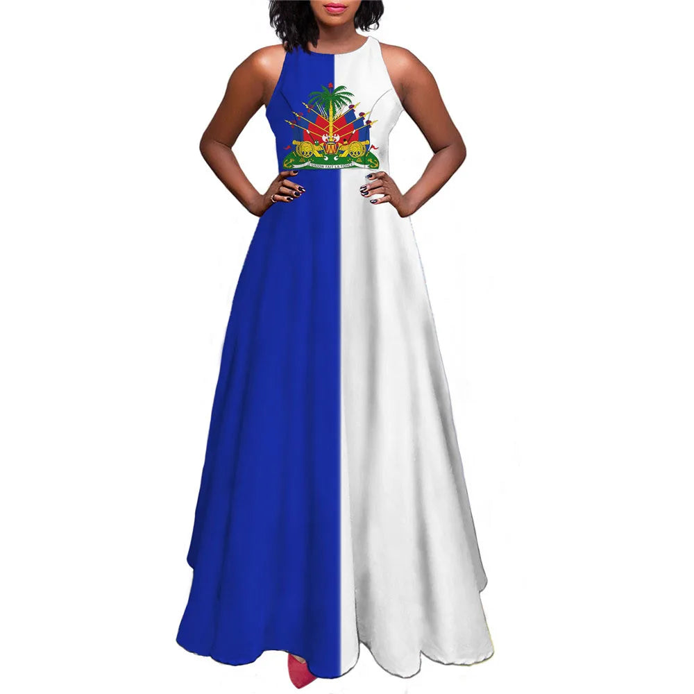 Haiti Flag Print Luxury Designer Women Summer Spring Maxi Dress Ladies Sexy Sundress Casual Sleeveless Long Woman Dresses Mujer