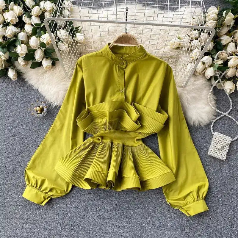 XFPV Women Puff Sleeve Pleated Ruffle Solid Casual Blouse Patchwork Y2k Top Slim Waist Shirt Sweet Summer Spring 2025 SM2983
