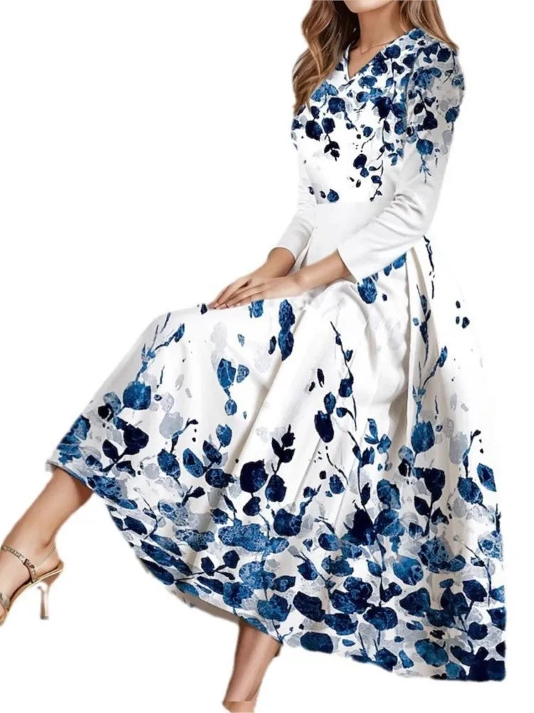 Casual Floral Print Vintage Dress For Women New Spring Autumn Full Sleeve V-neck Long Dress Elegant Party Dresses Female