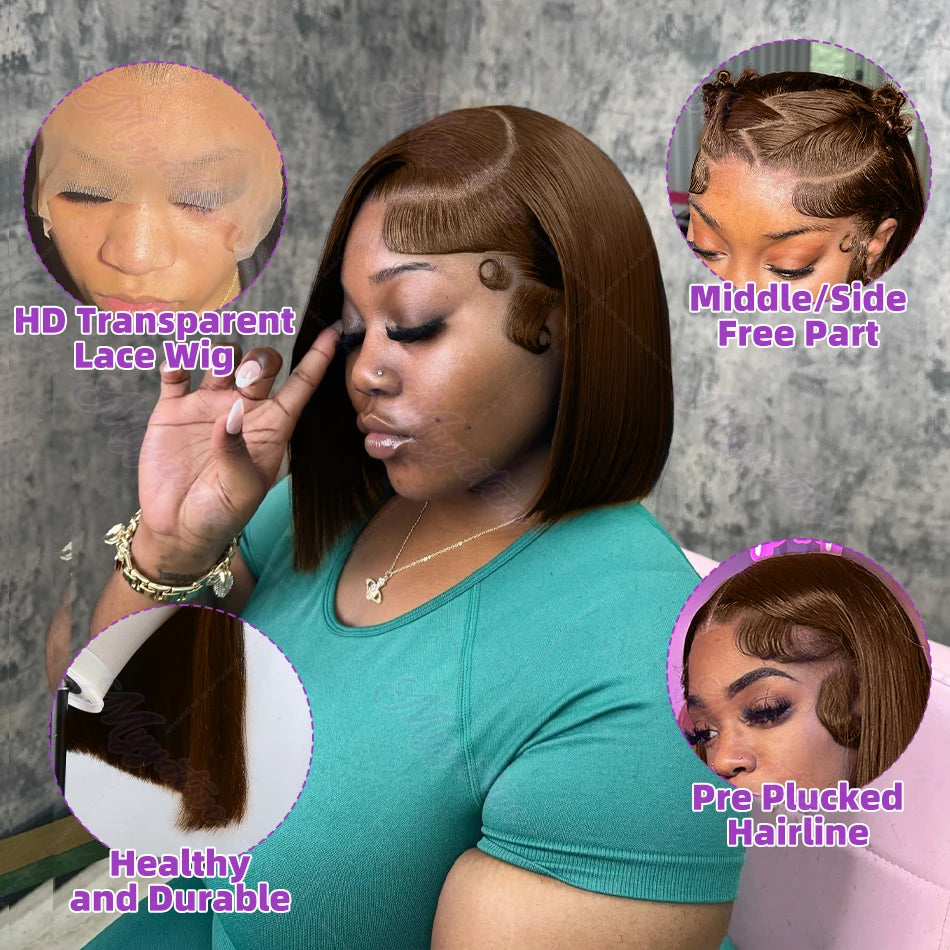 Brazilian  250 Density Short Bob 13x4 HD Transparent Lace Front Human Hair Wig Chocolate Brown Straight 13x5 Lace Frontal Wigs