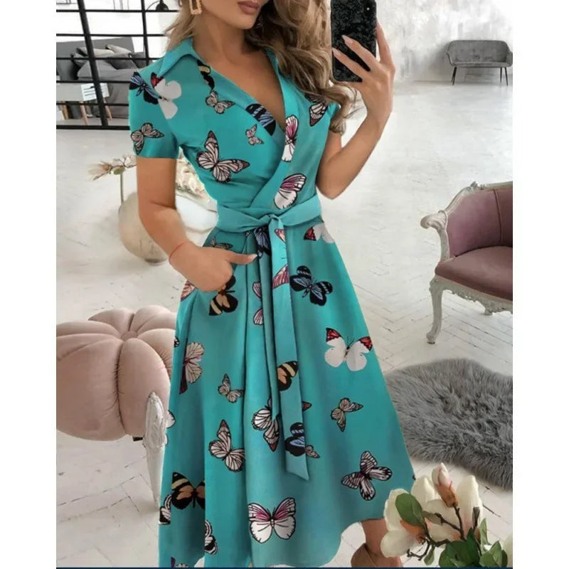 2023 Spring Autumn Dress Women Fashion Solid Slim Pocket Lace Up Dress Women Casual Printed Short Sleeve V-neck High Waist Dress