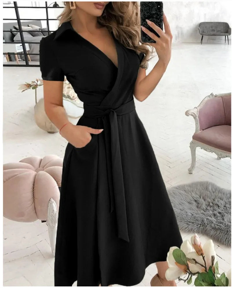 2023 Spring Autumn Dress Women Fashion Solid Slim Pocket Lace Up Dress Women Casual Printed Short Sleeve V-neck High Waist Dress