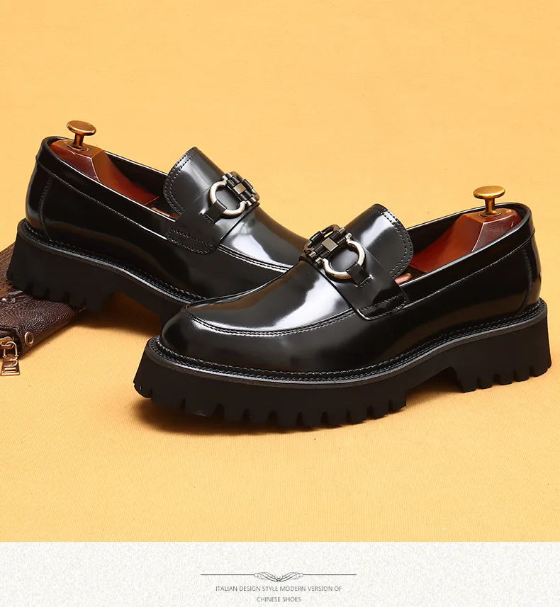 cow leather British loafers men glossy leather business casual Heightenin shoes non slip tire soles dress shoes Round toe shoes