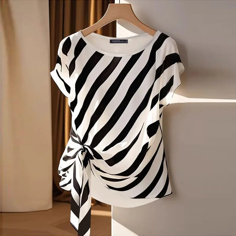 ZANZEA 2025 Korean Striped Printed Tops Fashion Short Sleeve Blouse Holiday Summer HolidayLoose Belted Tunic Casual Simple Tops