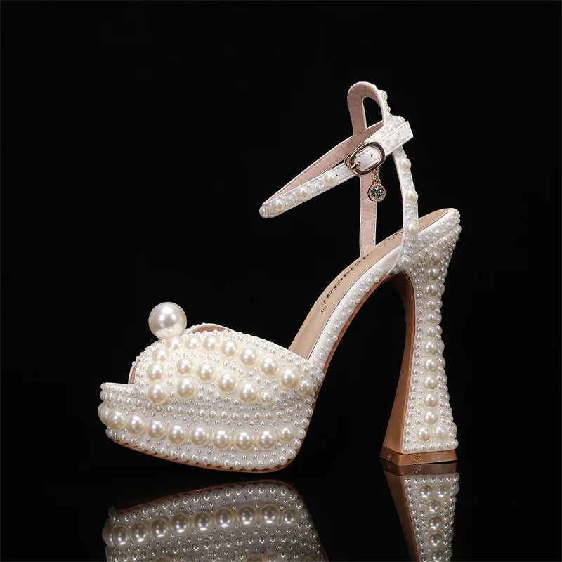 2024 Autumn New Fish Mouth High Heels Slim Heels Shallow Mouth Water Diamond Pearl Women's Single Shoes Wedding Wedding Shoes