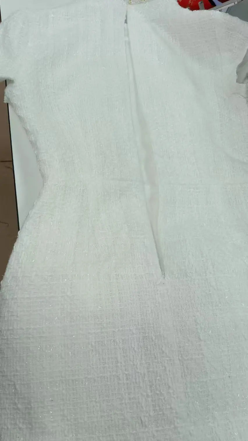 White Shoulder Pad Short Sleeve Party Dress Women's Elegant Tweed A-line O-neck Patchwork Luxury Black Evening Dresses Birthday