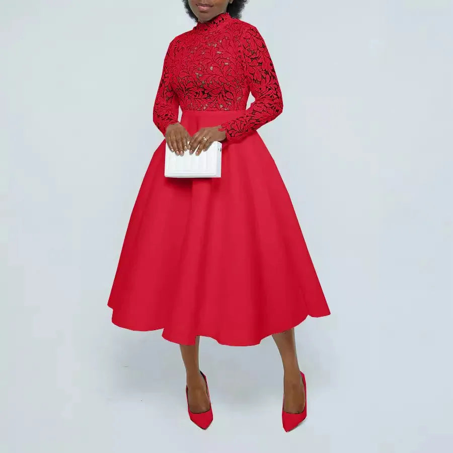 Women Long Dress A Line Dresses Lace Floral Party Night Wedding Mock Neck White Prom Hight Waist Slim Elegant Maxi Vestidos