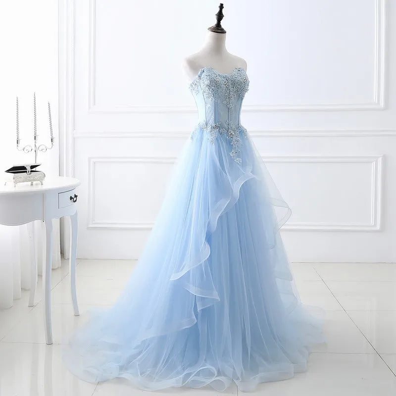 New light blue sweat long lady girl women princess prom banquet party wedding bridal dress gown