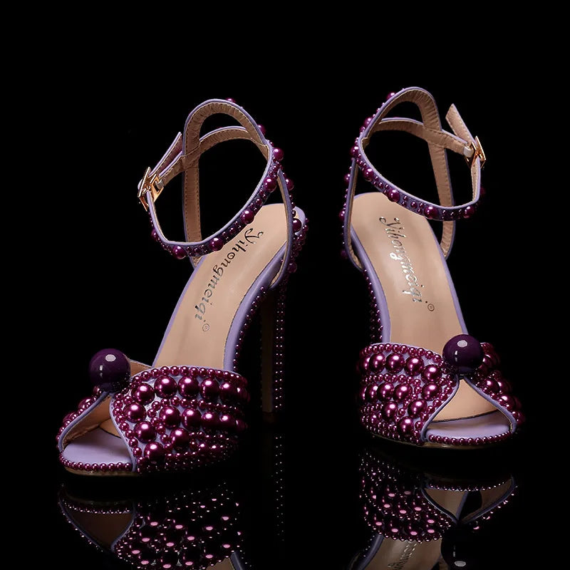 2024 Autumn New Fish Mouth High Heels Slim Heels Shallow Mouth Water Diamond Pearl Women's Single Shoes Wedding Wedding Shoes